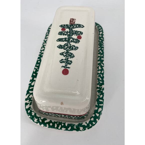 Furio Christmas Tree Sponge Holiday Butter Dish with lid Italy Stoneware - Picture 4 of 7